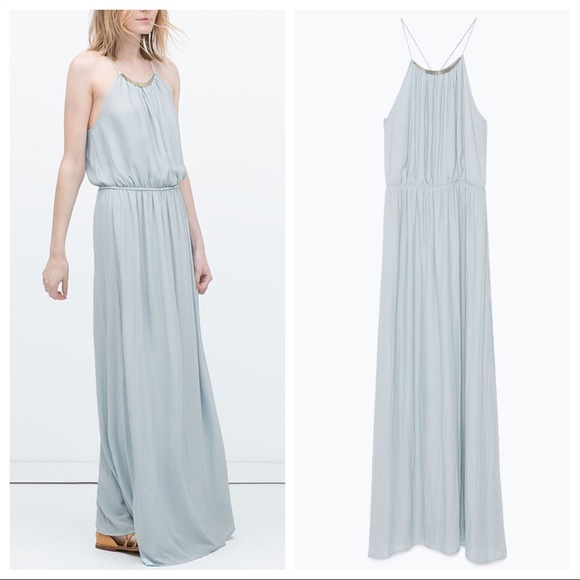 Maxi Dress Appliqu Neckline Pale Blue 